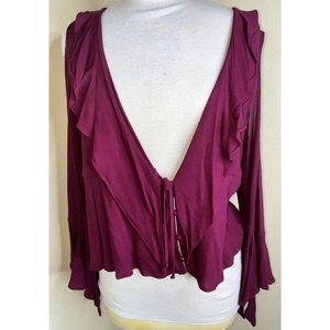 Maroon Womens Long Plunging V Neck Cold Shoulder Blouse Sexy Bell Sleeves Large
